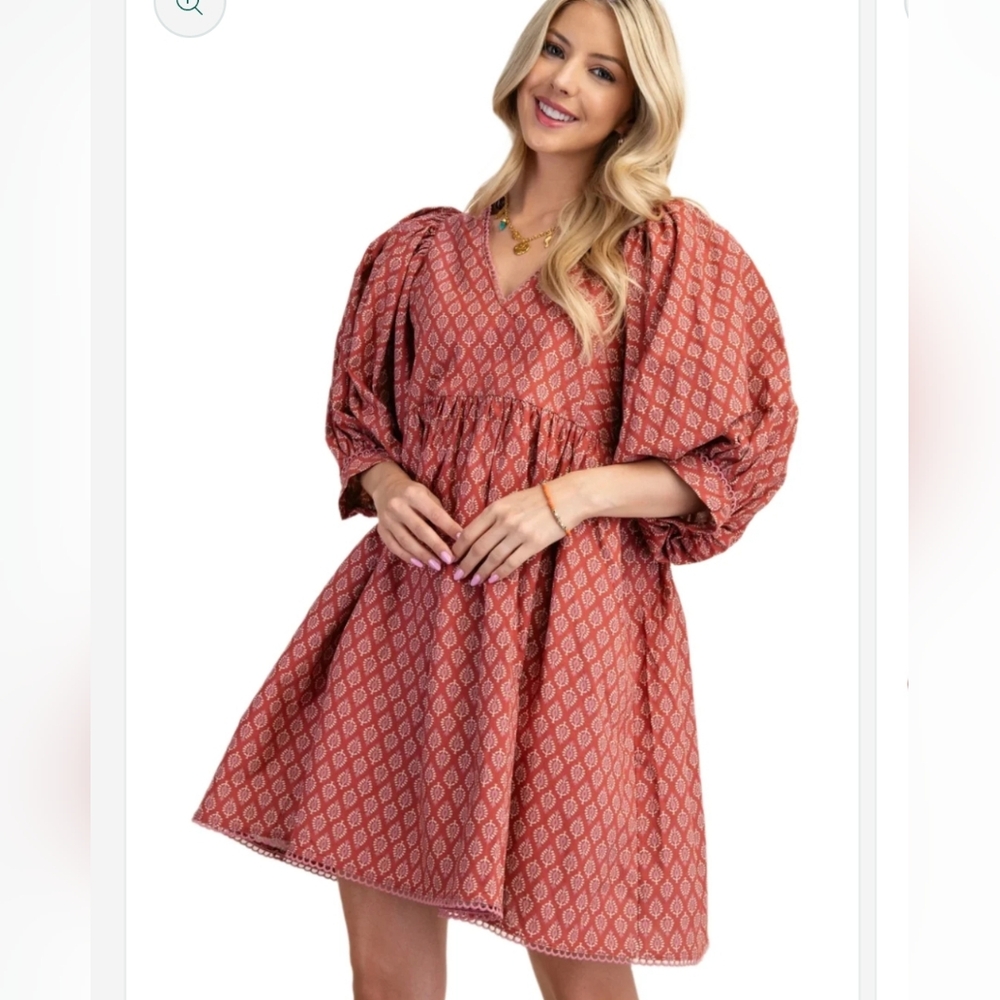 GiGio Women's Puff Sleeve Babydoll Dress with Lace Trim Size Large NWT - Picture 2 of 11